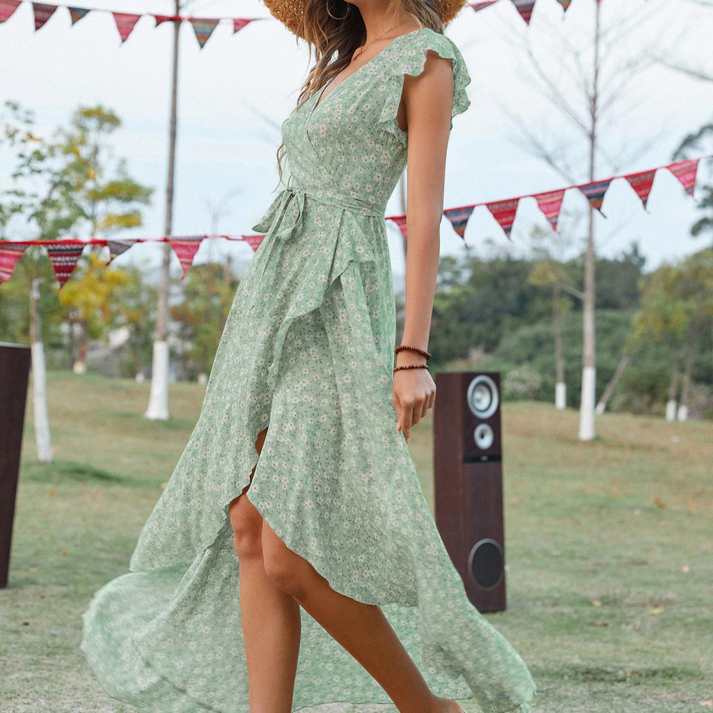 Women New V-neck Bohemian Vacation Style Slim Tie Dresses