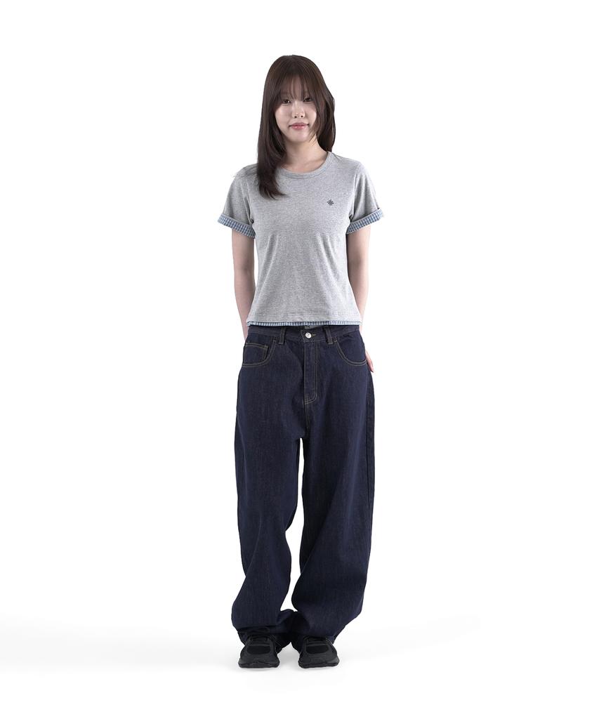 SLOW RECORD HOUSE Layered Check Roll-Up T-Shirt_Gray