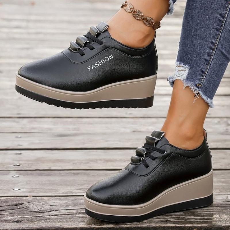 

Весна и Осень Четыре Сезона Женская Обувь Наклонный Каблук Платформа Удобная Повседневная На Шнуровке Дуду Лефу Мама Одинарная Обувь 42 чёрный