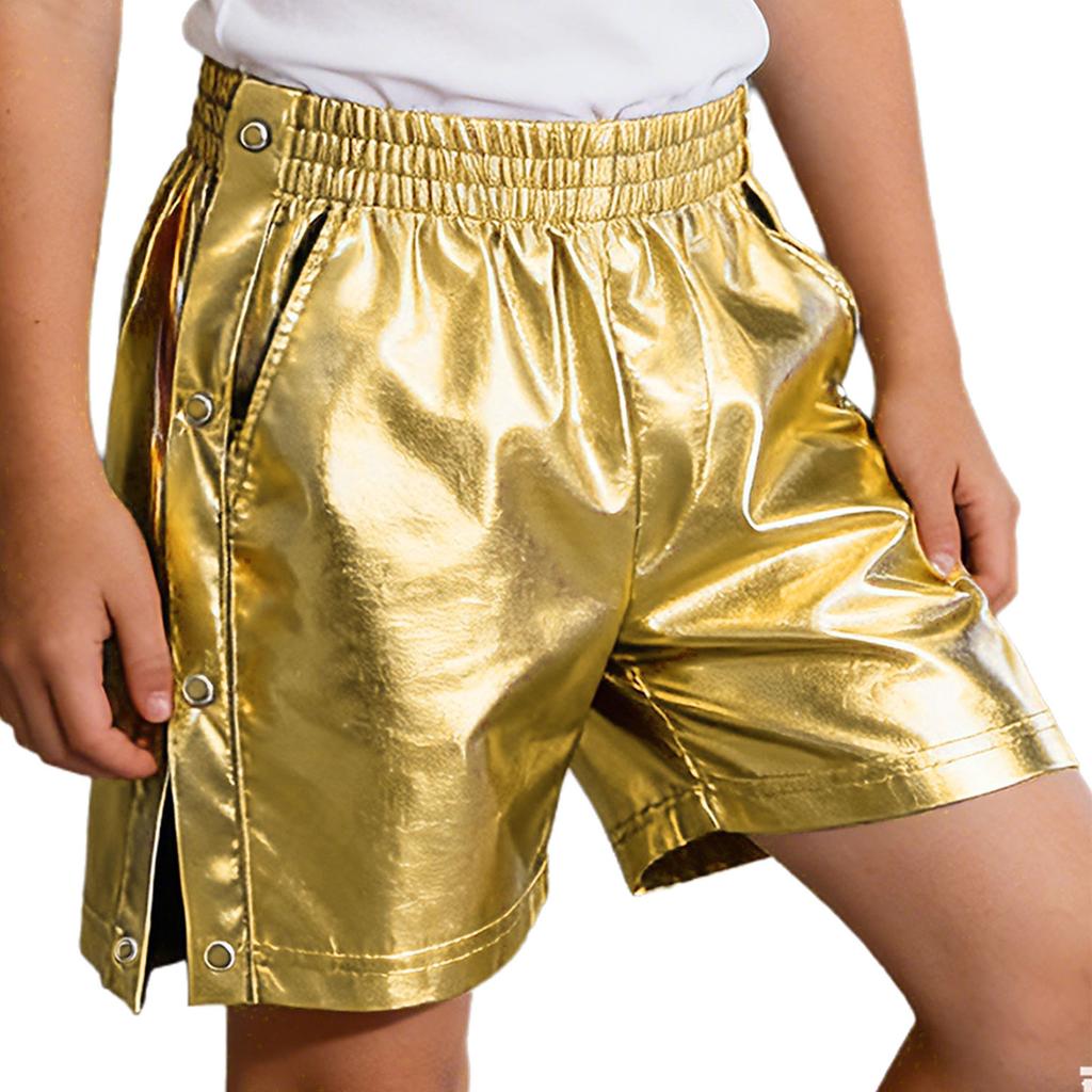 Children‘s Hip Hop Dance Shorts Metallic Finish Elastic Waistband Tear Away Side Buttons with Pockets for Stage Recital