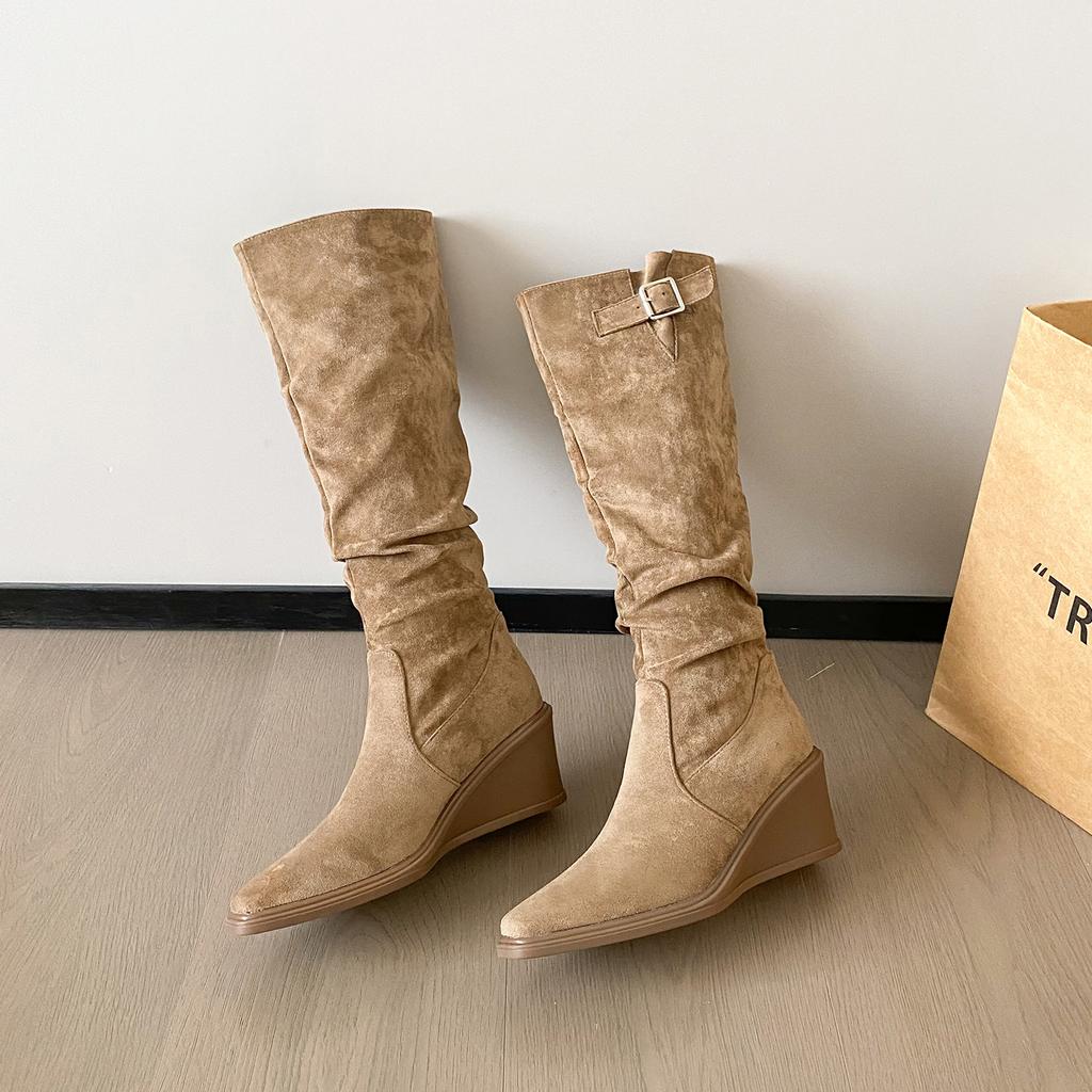 British Style Suede High-heeled Boots Children's 2025 Autumn and Winter New Belt Buckle Thick-bottomed Wedge Heel High Tube Pointed Boots