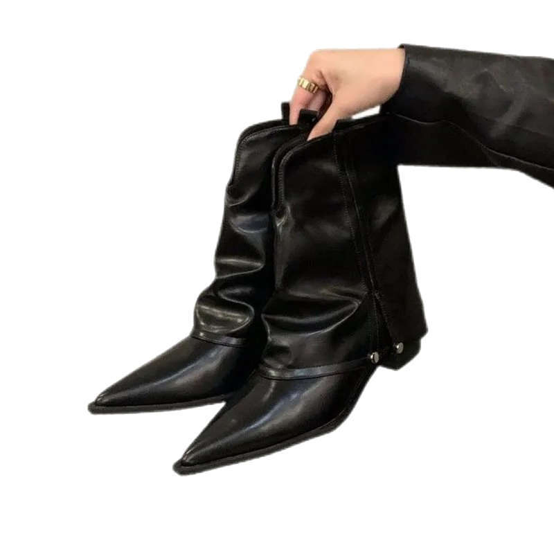 Thick Heel Pointed Pants Boots Fried Street Short Boots Women's Shoes Spring and Autumn New Summer Brown Western Cowboy Boots