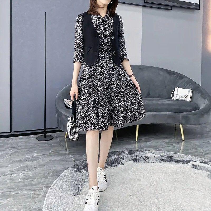 Two-Piece Floral Dress & Vest Set - Spring 2026 Elegant Slim Fit, Long Sleeve, Elastic Waist