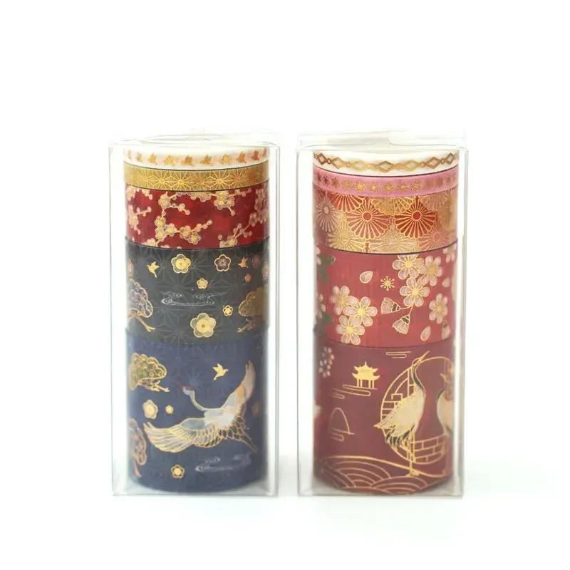 5 Roll Set DIY Creative Decoration Chinese Style Masking Tape Hot Stamping Crane Paper Antique Hand Ledger Tape Lipstick Sticker