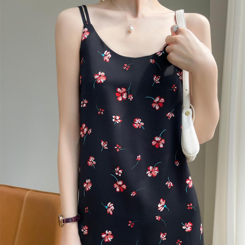 Acetate Satin Floral Suspender Skirt for Women In Summer New Tulip U-neck Mid-length Dress Light Luxury Elegant Skirt