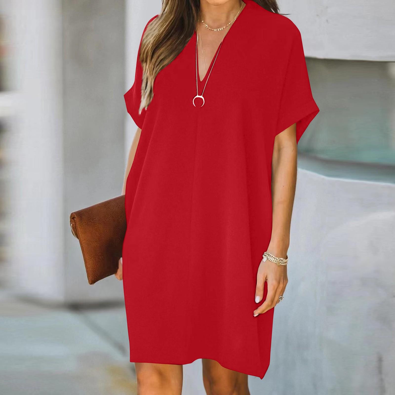

Summer Fashion Women s Solid Color H-shaped Loose Casual V-neck Short Sleeve L червоний