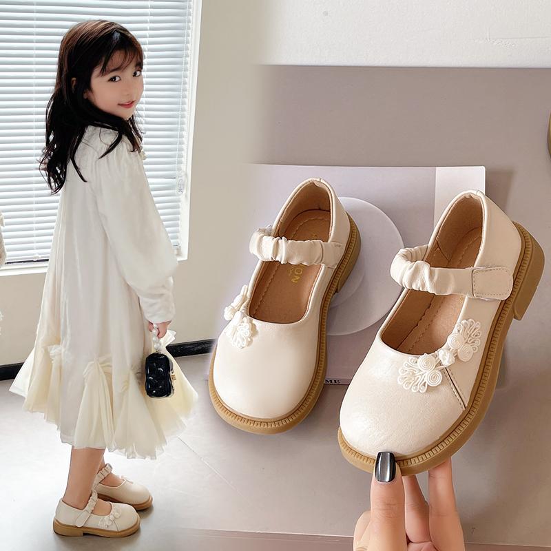 Girls Flat Shoes Chinese Style Kids Leather Shoes Pu Pleated Round Toes 2025 Spring Autumn Girls Princess Shoes Sweet Ins Trendy