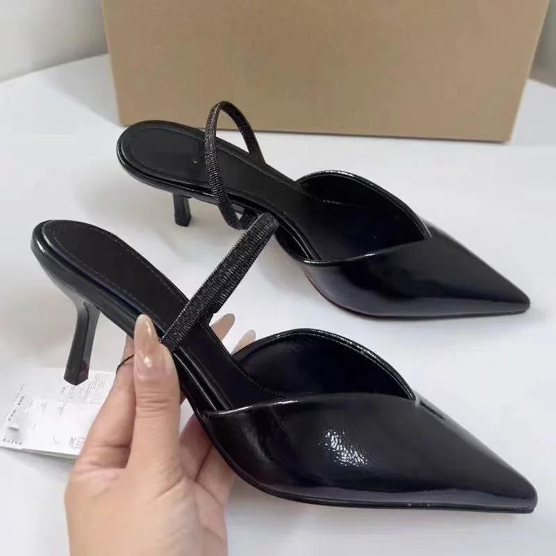 Sexy Patent Leather Black Office Lady sandals Elegant Pointed Stilettos Concise Design  High Heeled Women Dress Shoes