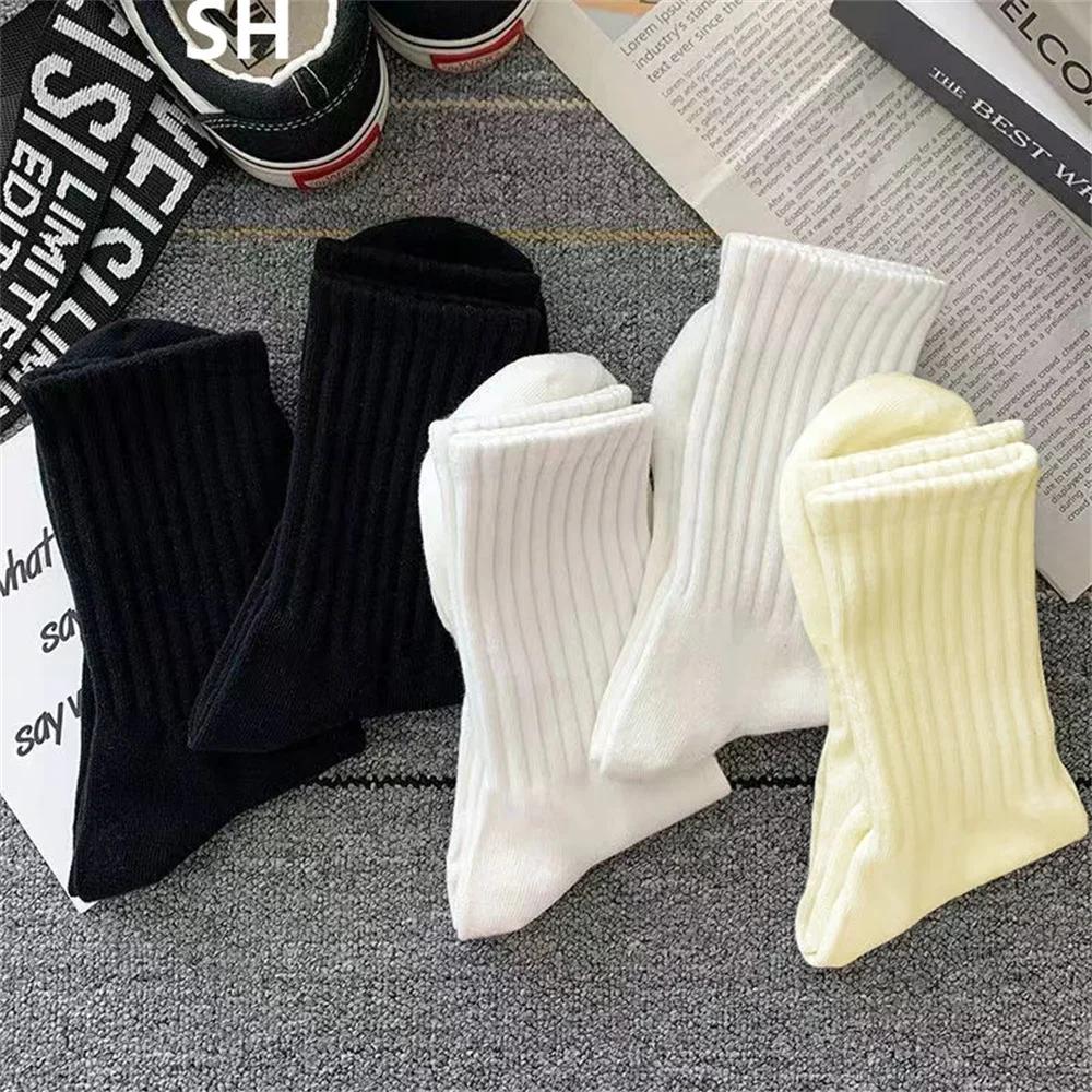 5 Pairs Mid Tube Polyester Cotton Women Socks Pack Set Japanese Fashion Solid Color Girls Vertical Stripes Socks