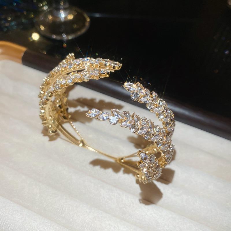 European and American explosive zircon three-layer leaf cross opening bracelet light luxury high-end bracelet exquisite celebrity style jewelry