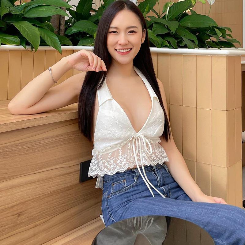 

Короткий топ в стиле пэчворк со шнуровкой и v-образным вырезом, новая летняя сексуальная универсальная футболка с открытой спиной