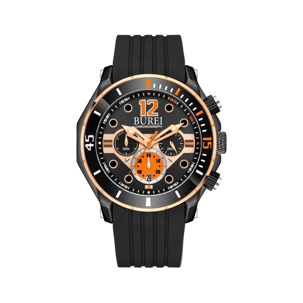 BUREI Men s Chronograph Analog Quartz Watch Black Rubber Strap Waterproof Date Gold