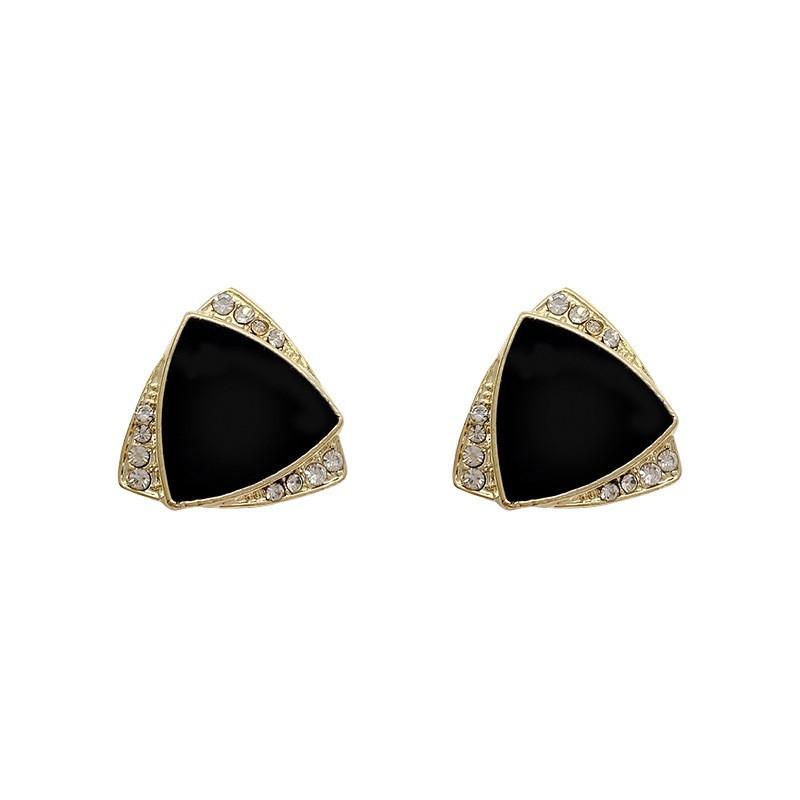Retro Black Enamel Oil Triangle Stud Earrings for Women Double Layer Overlap Crystal Earrings Korean Fashion Geometric Jewelry