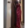 Xiaoke Wiwi Western Style Shiny Hanging Neck Dress Elegant Banquet Red Formal Dress Sexy Split Long Dress
