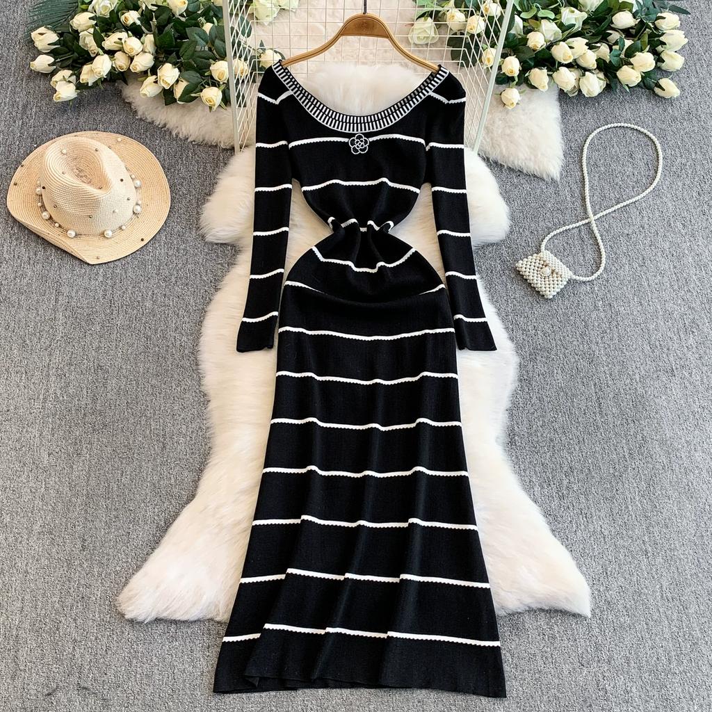 Spring Autumn Women Casual O-neck Beading Striped Knitted Sweater Long Midi Dresses