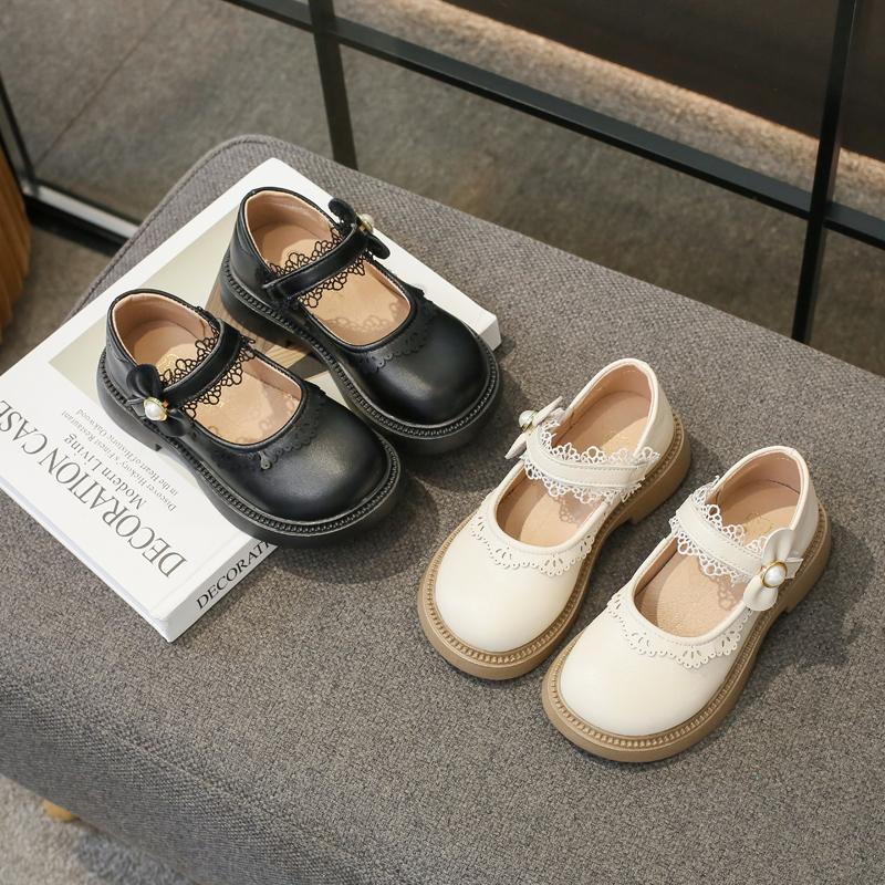 New Girls Leather Shoes Simple Lace Bow Children Fashion Casual Shoes Round-toe Kids Princess Loafers Lolita Style 2024 Spring