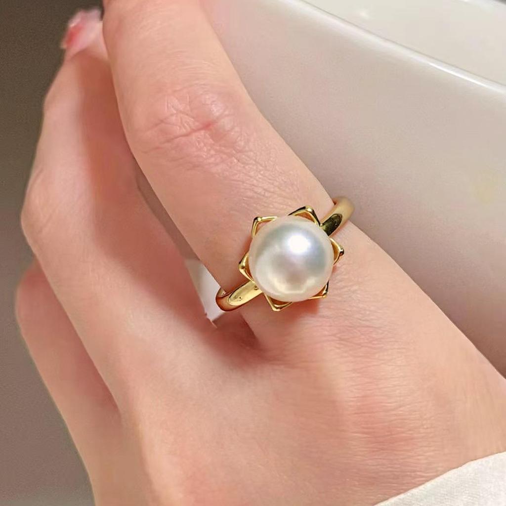 Natural freshwater pearl ring with adjustable opening, simple commuting flower bud pearl jewelry, women's accessories