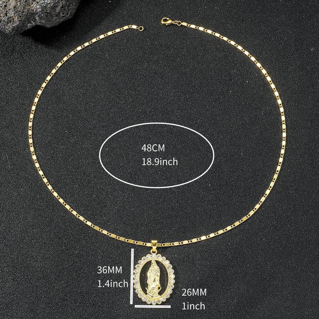 Virgin Mary Copper Zircon Pendant Necklace: European & American Diamond-set Hollow Design, Light Luxury