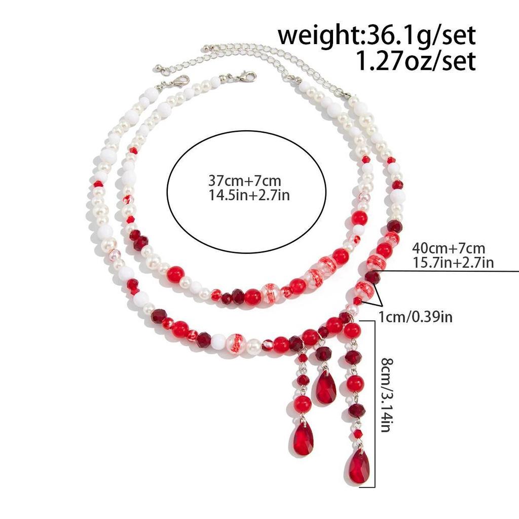 Salircon Gothic Red Blood Pattern Imitation Pearl Tassel Pendant Necklace Women Exquisite Crystal Bead Choker Halloween Jewelry
