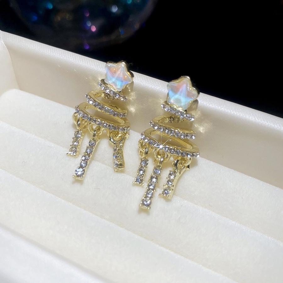 Silver Rhinestone Star Spiral Tassel Earrings - Creative, Exquisite, Elegant Fashion Accessory