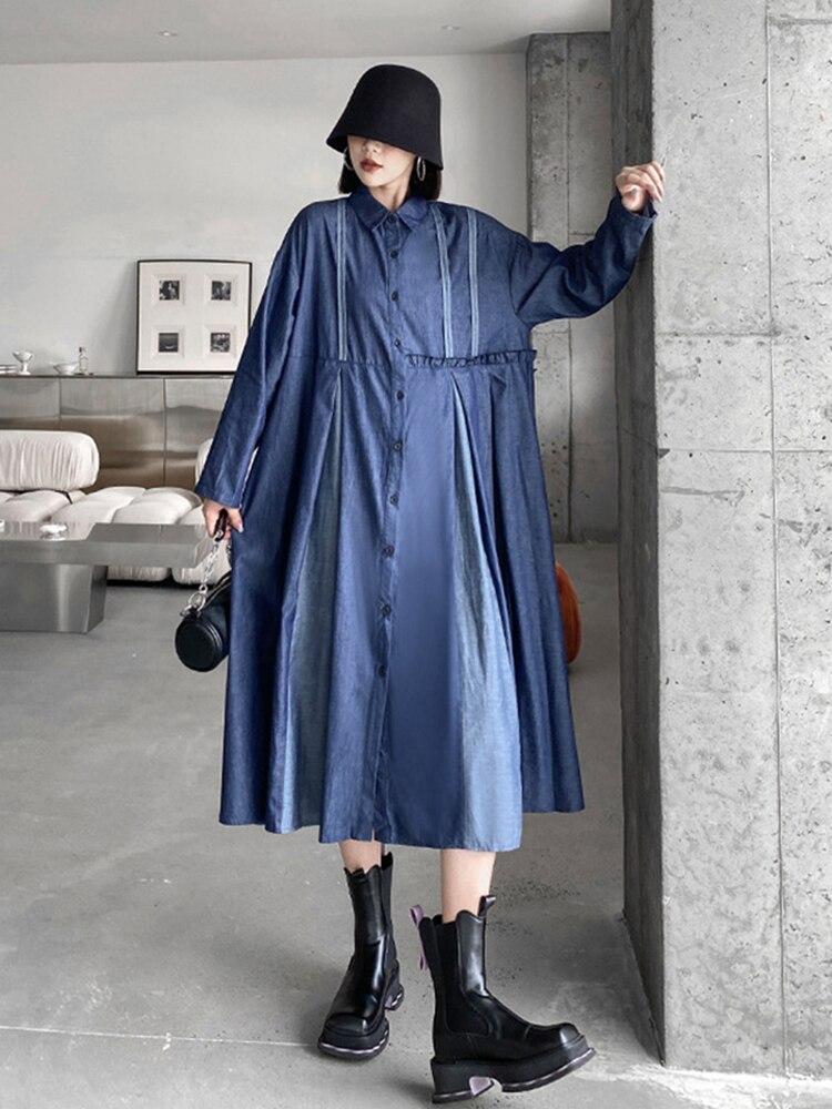 Xitao Patchwork Einreiher Kleid Frauen Persönlichkeit Mode Lose Polo-ausschnitt Volle Hülse Kleid Korea Neue ZY8149