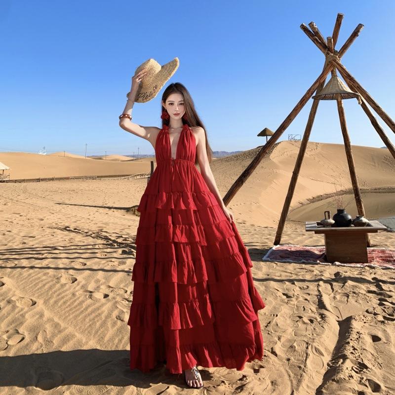 French Retro Red V-neck Neck Dress Loose Vacation Beach Dress Sexy Halter Cake Dress