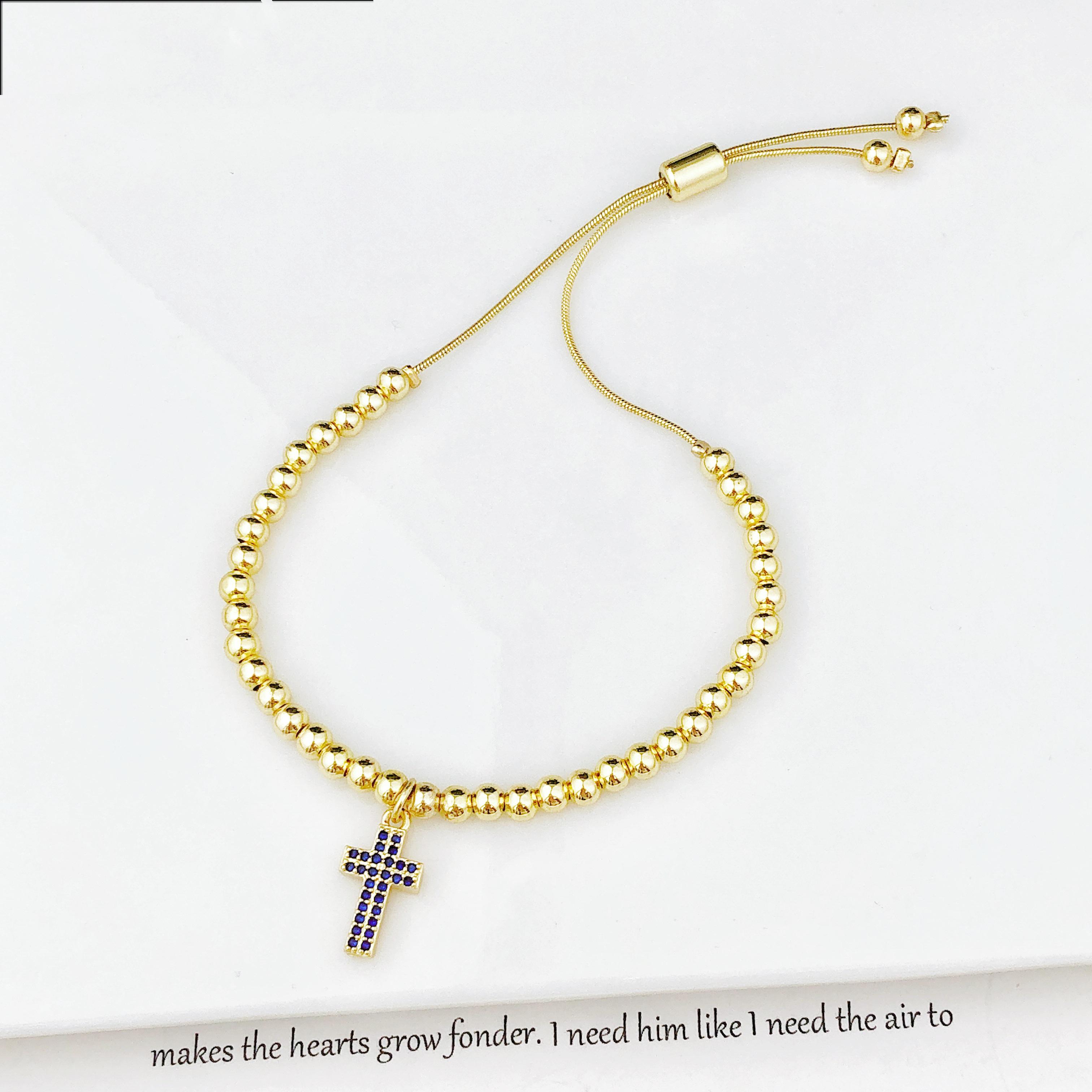 Classic Full Zirconia Cross Pendant Copper Bead Chain Adjustable Bracelet Fashion for Men Women Party Religious Zircon Gift