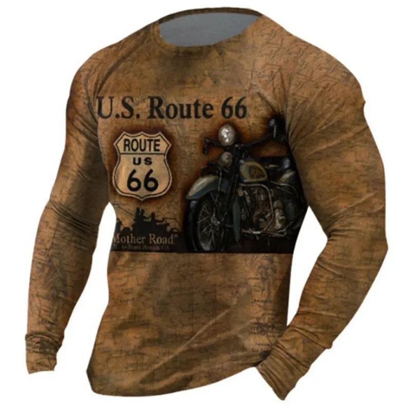 Men's Autumn and Winter Motorcycle T-shirt, 3D Printed Retro Long Sleeved Motorcycle Rider T-shirt, Oversized T-shirt, Men's