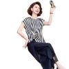 Striped Button-Up Top & Slit Wide-Leg Pants Two-Piece Set for Moms – Summer Casual