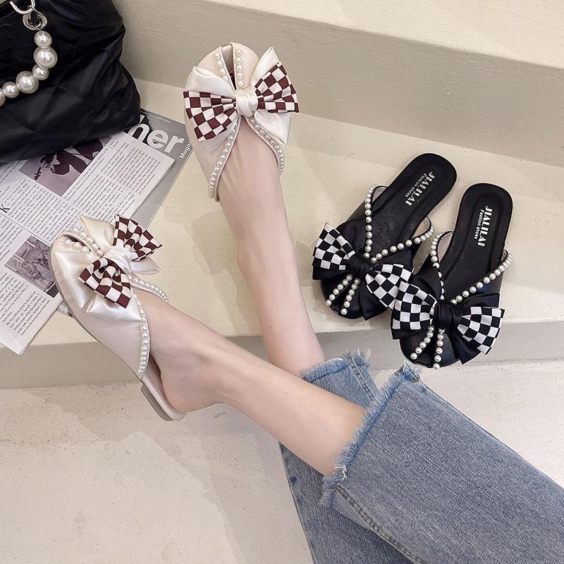 Fashion Closed Toe Half Slippers for Women Summer Wear 2025 New Bow Pearl Flat Soft Bottom Peep-Toe Slippers Women
