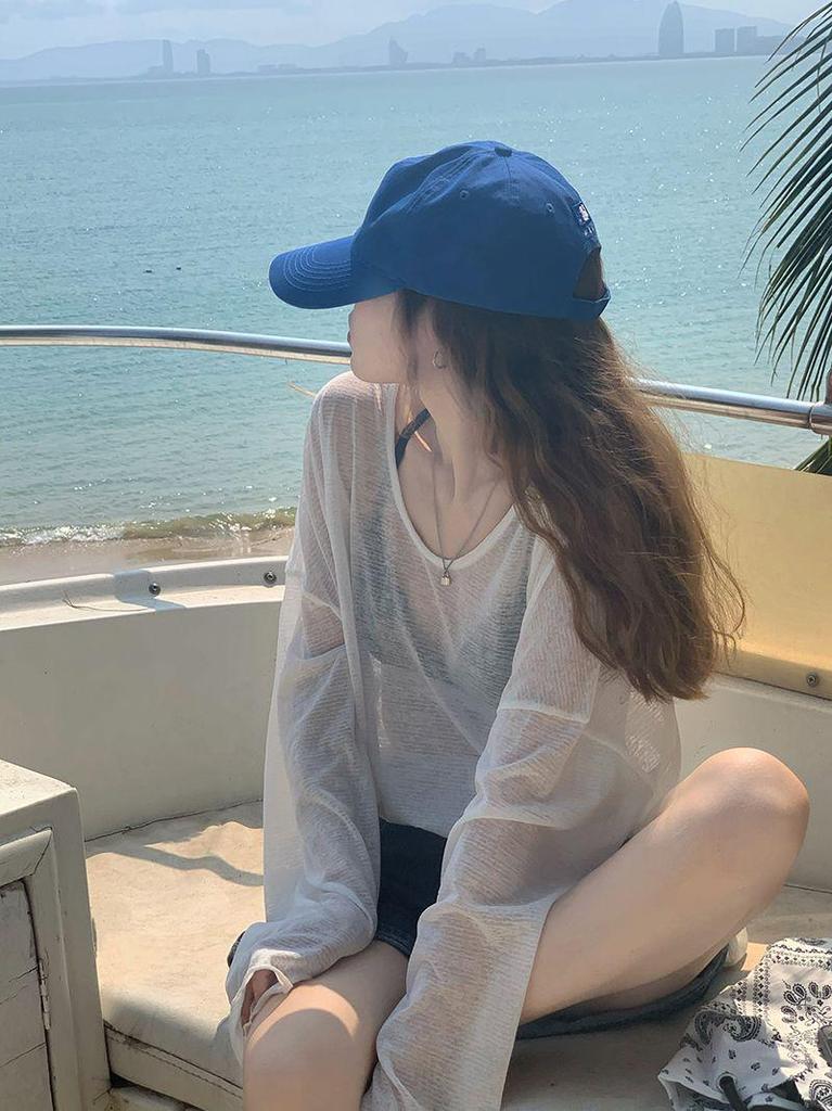 Women's Summer Bamboo Ribbed Long Sleeve Sun Protection See-Through Top