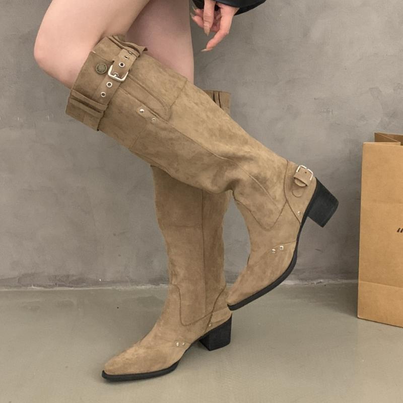 Fashion Women High Boots Pointed Toe Knee High Heeled Shoes Elegant 2025 Winter Trend Chunky Chelsea Retro Boots Woman Party Pumps Botas