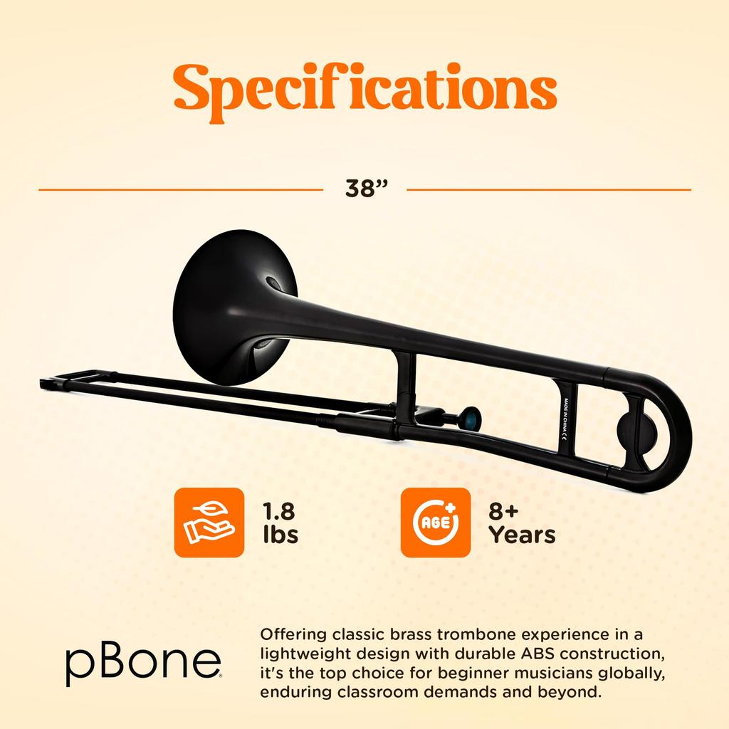 pInstruments pBONE Tenor Trombone In Plastic Wind Made of Lightweight and Durable ABS with Antibacterial Black Mouthpiece and Carrying Bb, Instrument,
