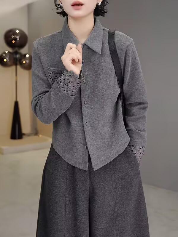 Double-Sided Velvet Lace Lapel Cardigan: Solid Color, Long Sleeve Women's Autumn/Winter Top