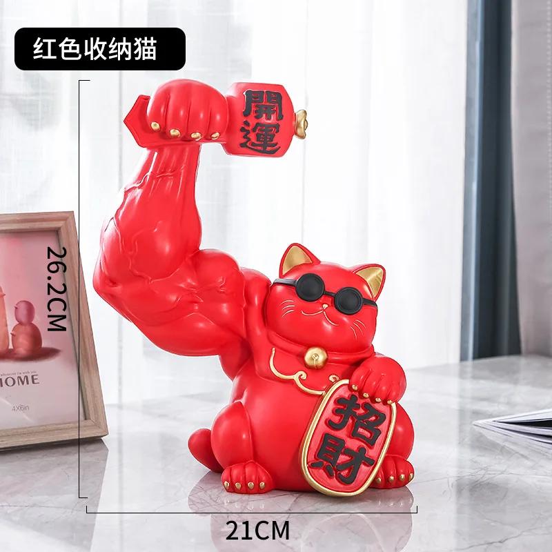 Golden Cat Figurines Muscle Arm Lucky Cat sculpture Ornaments Resin Storage Tray Storage cup holder key holder  Decoration