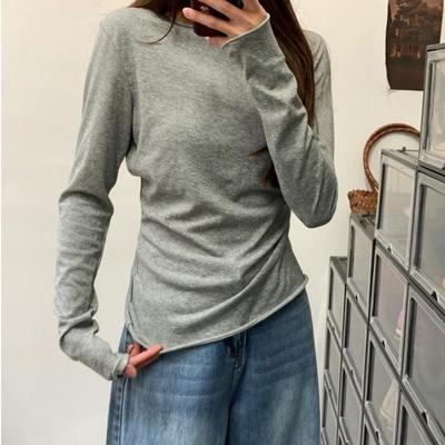 Korean Style Long-sleeved Rolled Hem Top T-shirt Lazy Style Slim Fit Versatile Sun