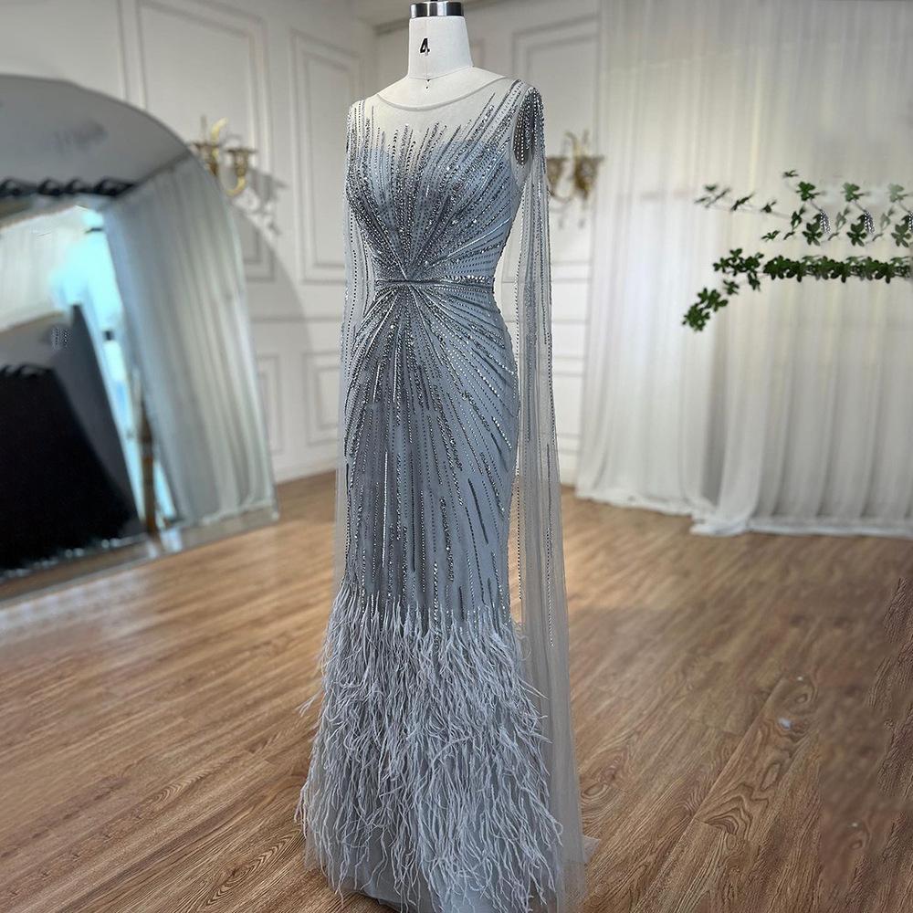 Elegant feathers light purple floating sleeve long dress high-end celebrity banquet host performance evening dress LA11011