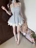 French neck bow suspender dress women's summer 2026 new slim and thin plaid high-waisted tutu skirt