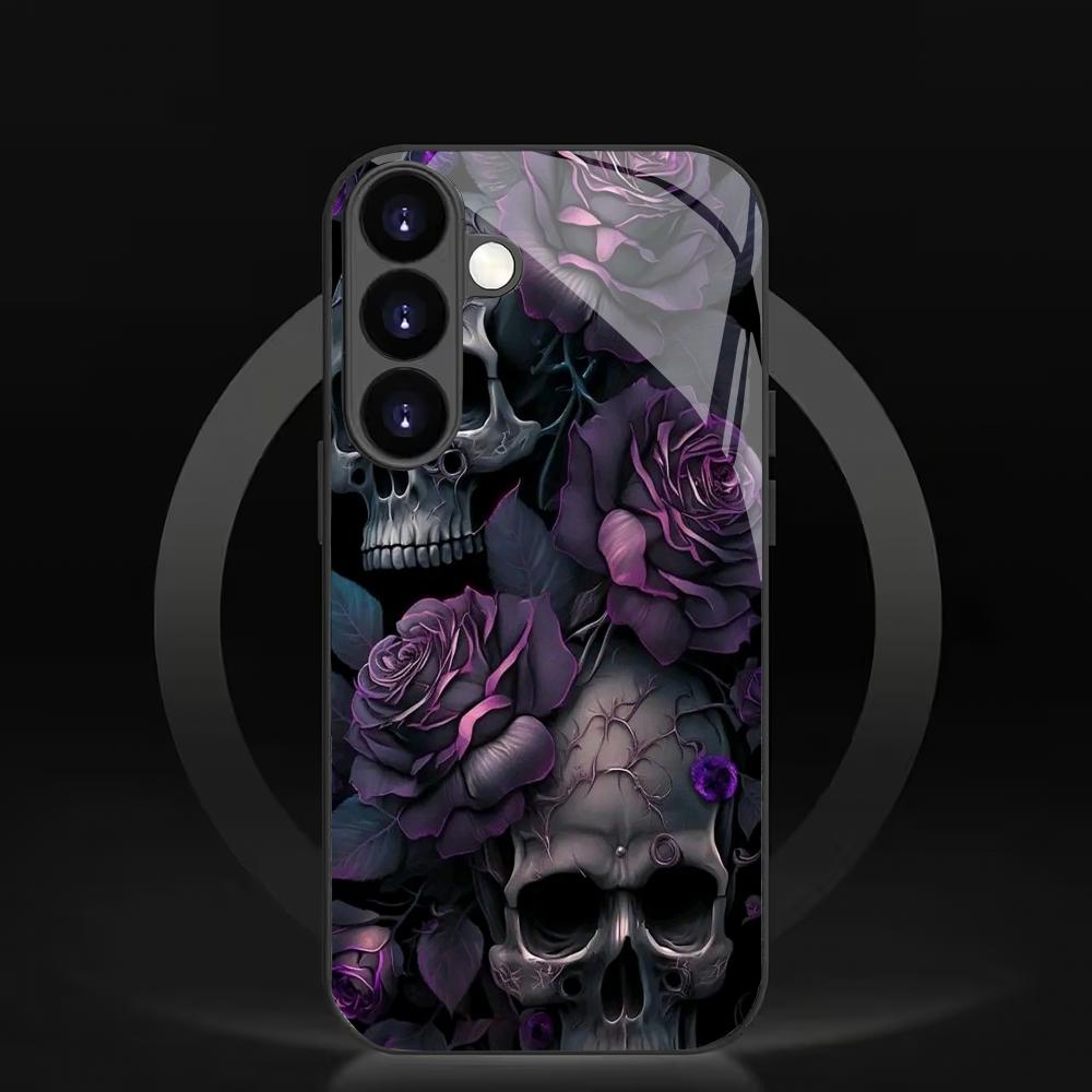 Flower and Skull Pattern Glass Phone Case Suitable for Samsung Galaxy S26 S25 S24 S22 S21 S20FE Ultra Plus5GAnti Drop Back Cover