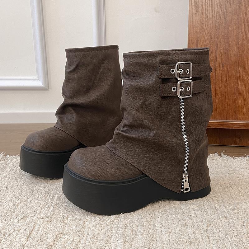 Fashion Autumn Winter Chunky Thick Sole Women Pipe Ankle Boots Designer Belt Buckle Platform Heel Shoes Modern Short Botas Para Mujer