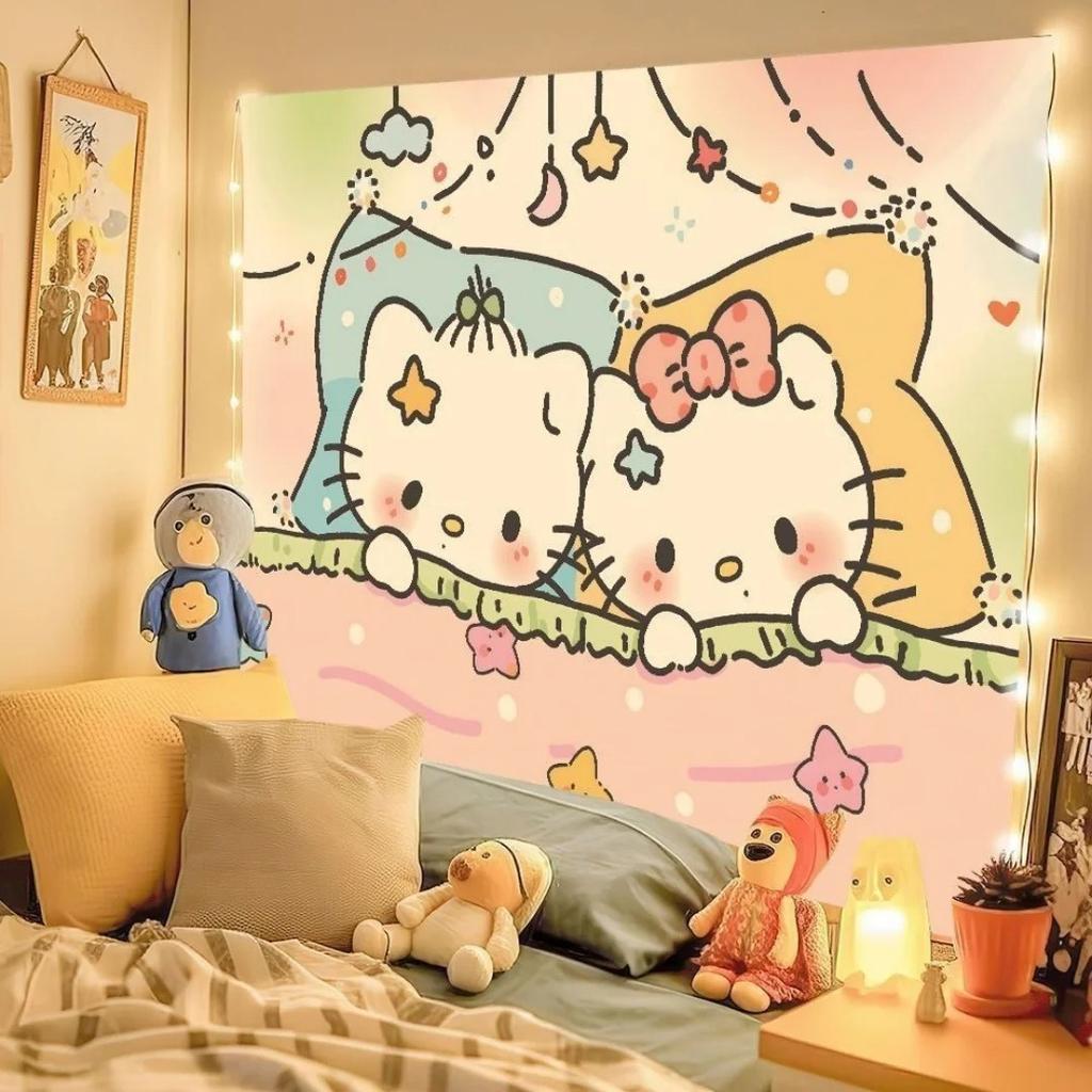 Cute Cartoon Character Tapestry - Kawaii Bow Print Wall Hanging For Girls Bedroom Dorm Decor