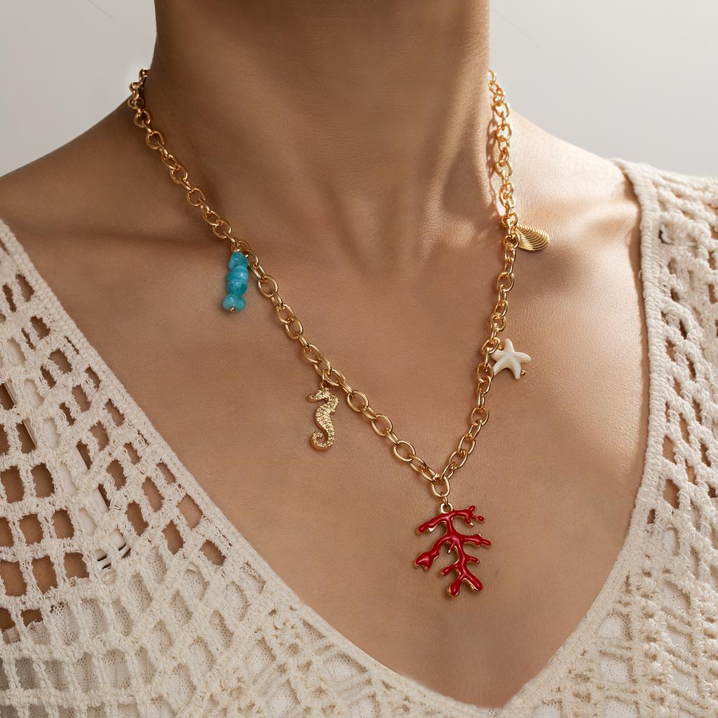 Beach Wind Ocean Elements Ceramic Small Fish Elephant Red Coral Sea Turtle Pendant Colorful Beaded Necklace