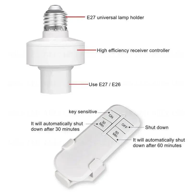 E27 Wireless Remote Control Light Bulb Socket Smart Switch LED Lamp Base with Timer ON/OFF for Room Chandelier Battery Powered