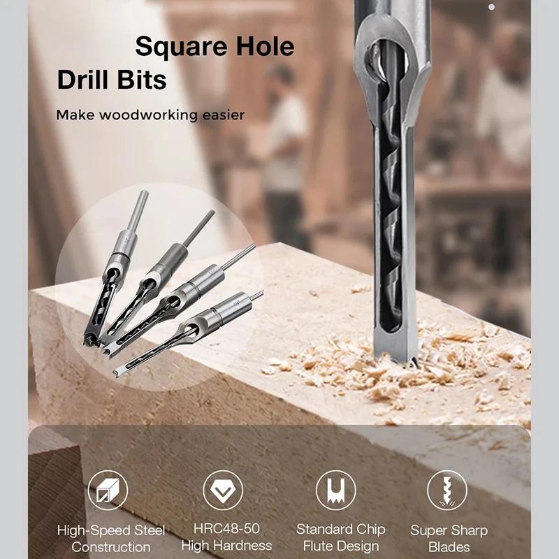 1-4pcs HSS Square Hole Drill Woodworking Drill Tools Auger Mortising Chisel Drill Set DIY Furniture Square Woodworking Drill