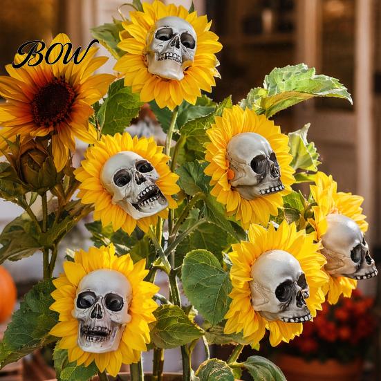 Scary Sunflower Sculpture Skull Ornament, Halloween Theme Garden Decor, Potted Housewarming Ornament Plant Waterproof Outdoor Decoration,