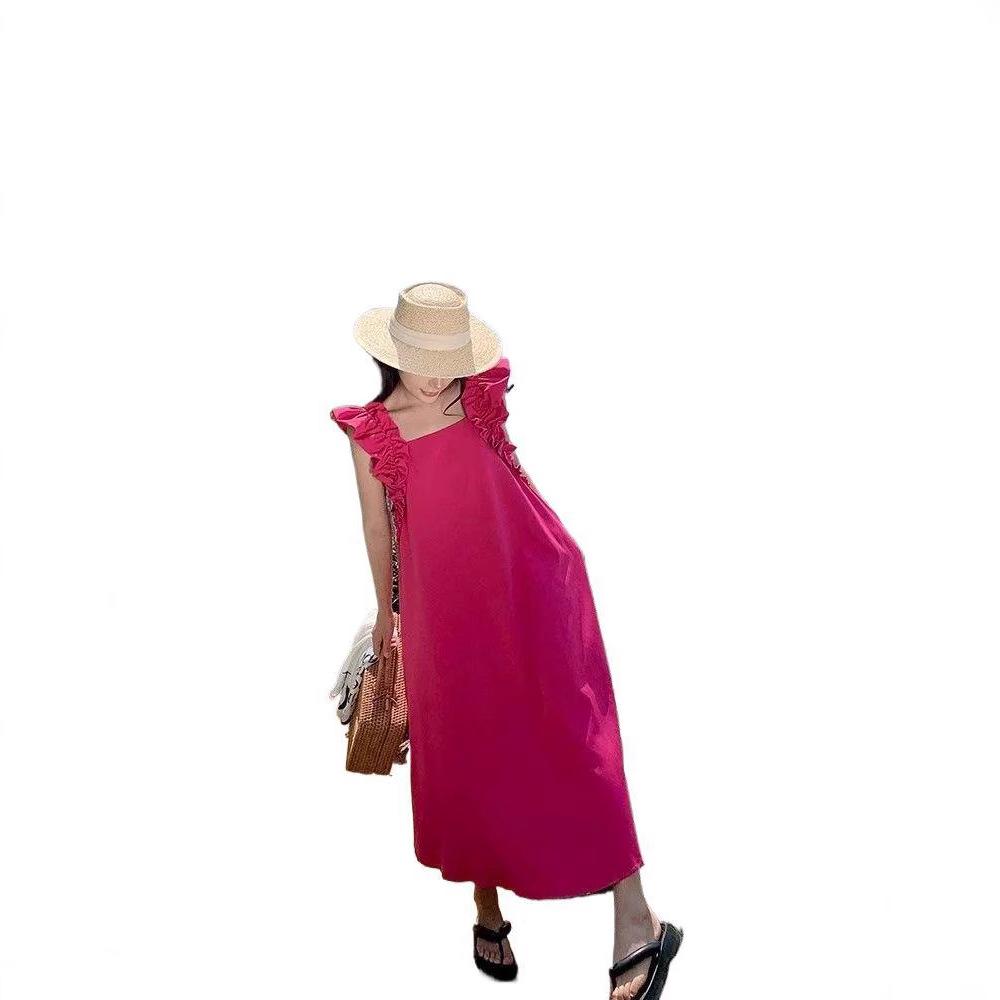 Dopamine Backless Wear with Age-reducing Dress Women's Clothing Summer New Sweet Fungus Edge Square Collar A Word Medium and Long Dress