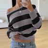2025 Autumn and Winter New Fashion Versatile Sweater Women's Loose Casual Off-shoulder Striped Color Block Sweater