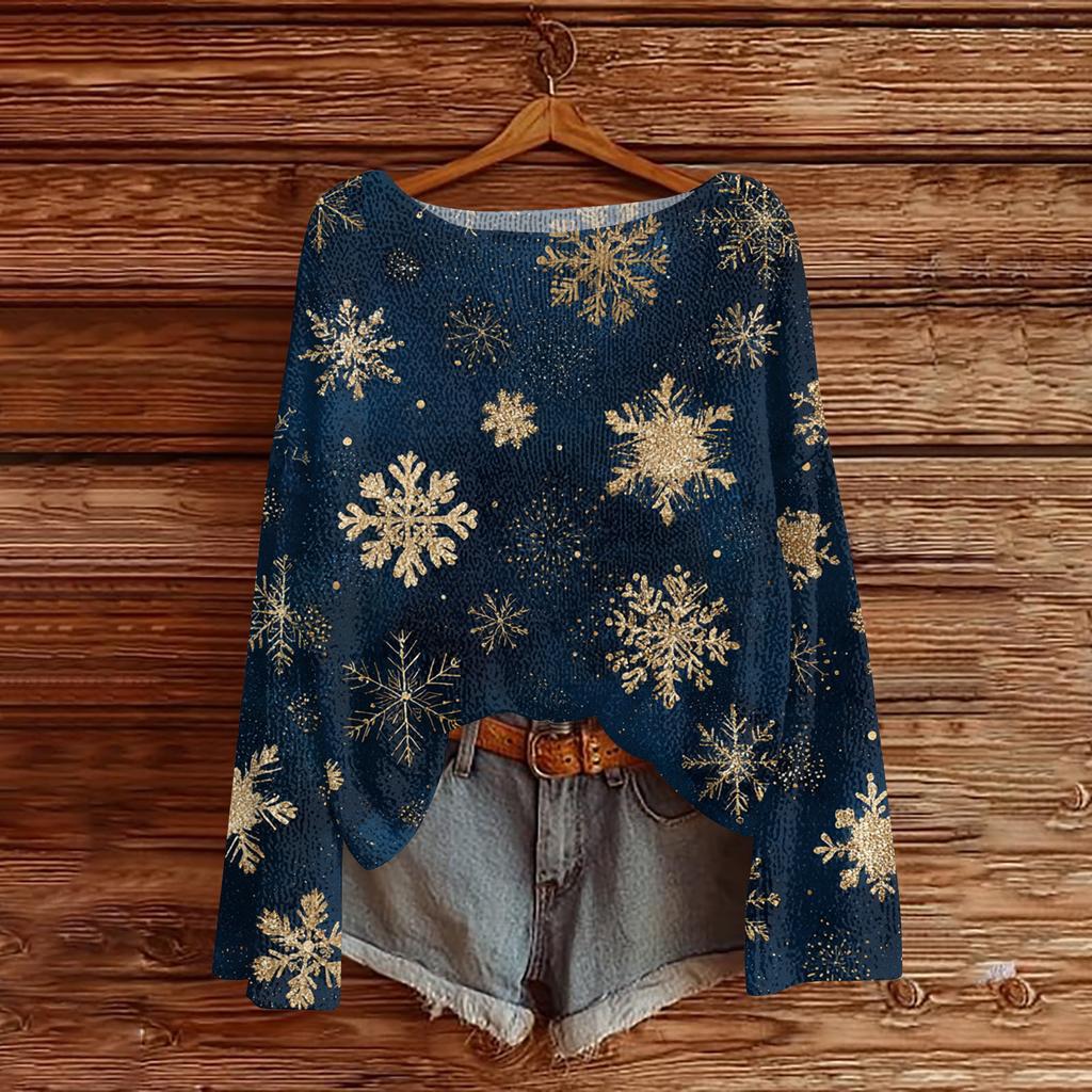 Women's Round Neck Lightweight Sweater Casual Long Sleeve Christmas Print Knit Pullover
