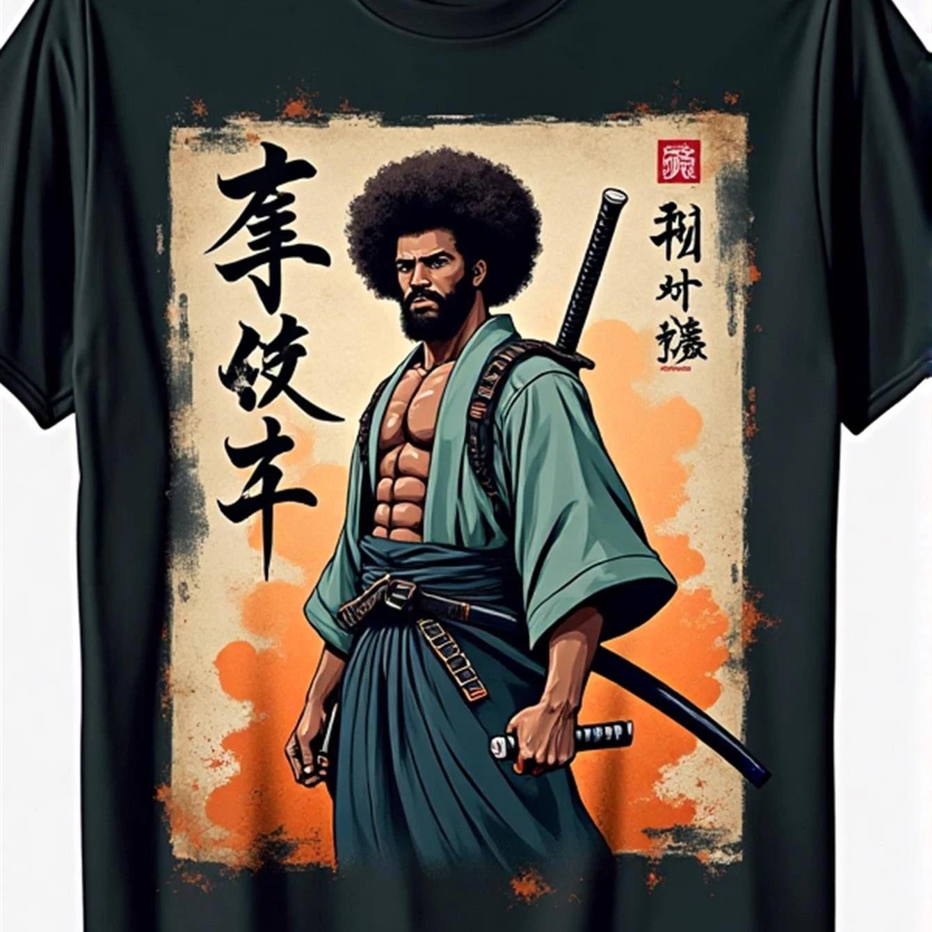 Retro African Samurai Graphic T-Shirt Japanese Warrior Streetwear Casual Tee XXXL