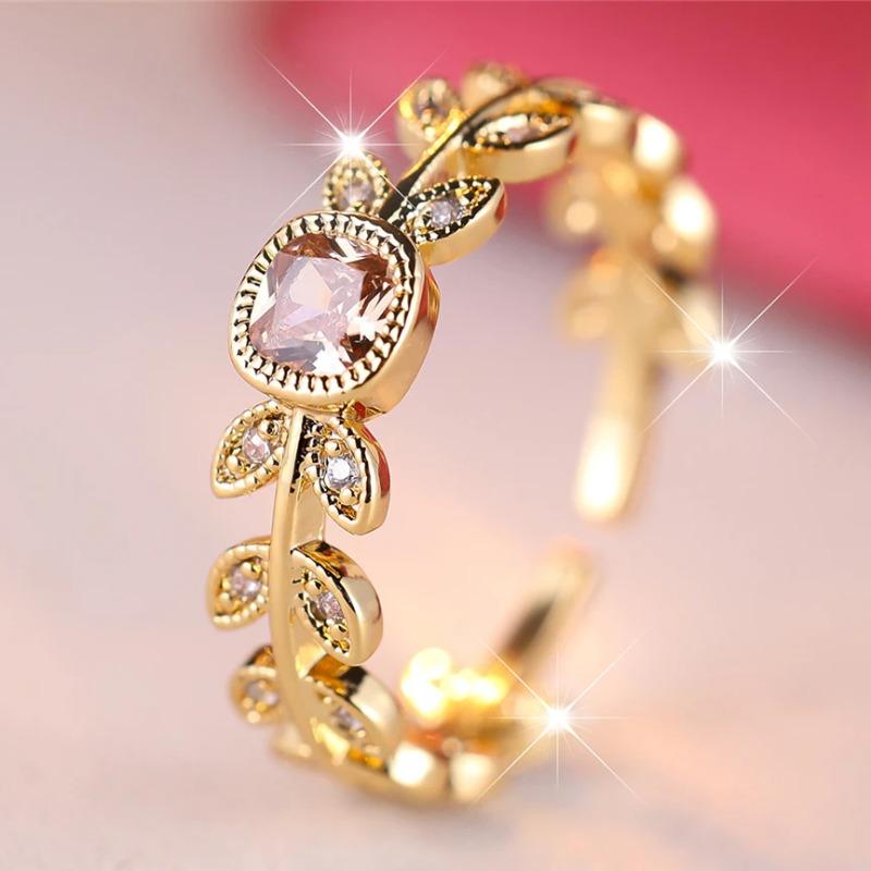 Cute Square Champagne Zircon Adjustable Rings For Women Yellow Gold Color Leaf Open Ring Wedding Jewelry Gift